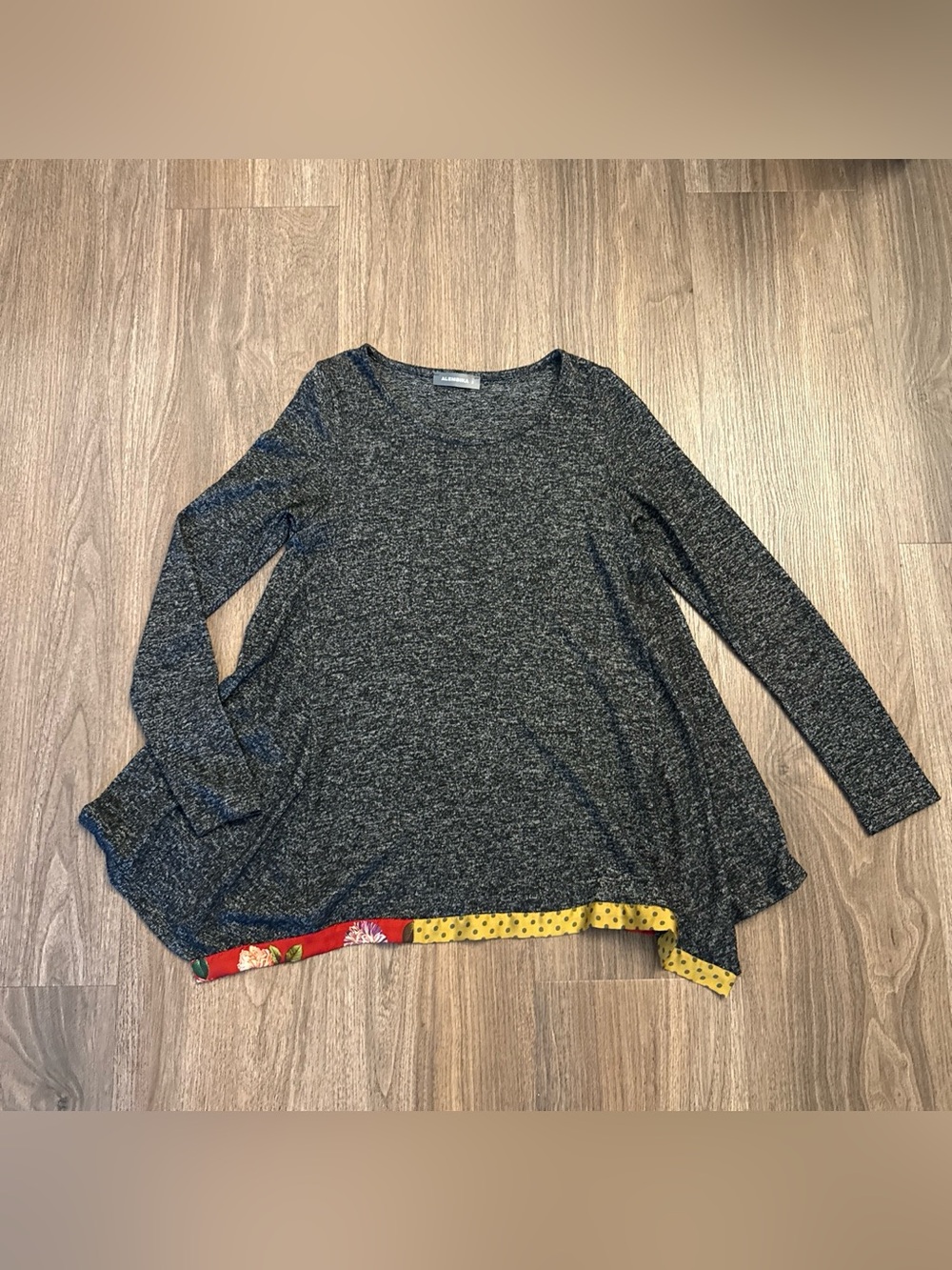 ALEMBIKA asymmetrical Gray heather long sleeve top with red and yellow polka dot